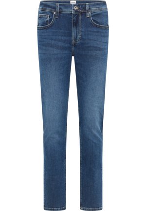 Mörkblå denimjeans med rak passform, fem fickor, frontknäppning och subtila bleknade detaljer längs benen.