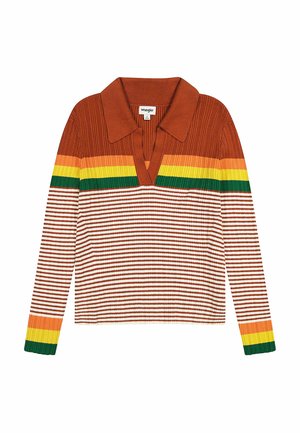 Roestkleurige gebreide trui met een kraag, voorzien van horizontale strepen in oranje, geel, groen en wit, met geribde manchetten.