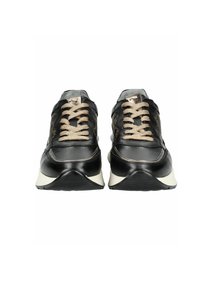 Schwarze Ledersneaker mit beigen Schnürsenkeln, kontrastierender Sohle und strukturierten Akzenten. Verfügt über eine runde Schuhspitze und eine glatte Oberfläche im Obermaterial.