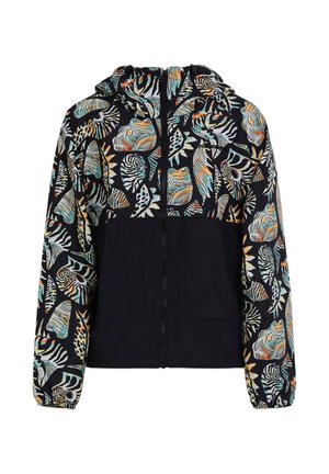 Lehká bunda s kapucí, černou spodní polovinou a barevným abstraktním zvířecím potiskem na kapuci, ramenou a rukávech, s předním zipem.