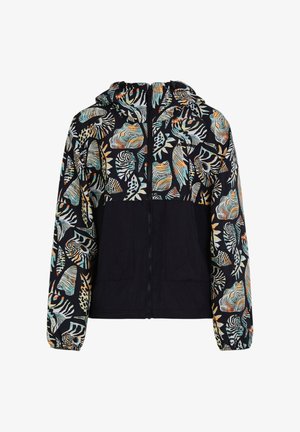 Lehká bunda s kapucí, černou spodní polovinou a barevným abstraktním zvířecím potiskem na kapuci, ramenou a rukávech, s předním zipem.