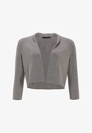 Grå kort cardigan lavet af blødt strikket stof. Har en sjalskrave og et åbent frontdesign med lange ærmer og en afslappet pasform.