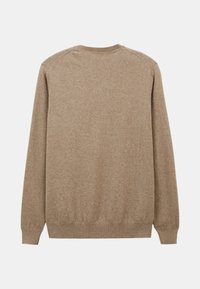 Pull en brun clair, fabriqué en doux tissu tricoté. Doté d'un col rond, de manches longues et de bords côtelés au niveau des poignets et de l'ourlet. Aucun motif visible.