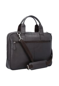 Dark brown leather briefcase with dual handles and a detachable shoulder strap; features a zippered main compartment and a front pocket.