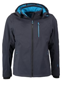 Veste softshell gris foncé avec doublure intérieure bleue, trois poches zippées et capuche attachée, conçue pour la protection contre les intempéries en extérieur.