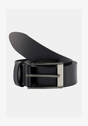 Cintura in pelle nera con texture liscia, dotata di una fibbia metallica con finitura argentata e un singolo dente per la chiusura.