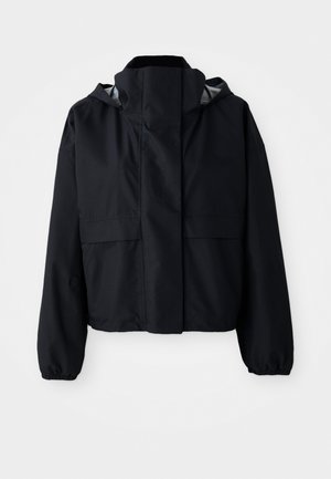 Black cropped jacket made of water-resistant fabric, featuring a high collar, elastic cuff sleeves, and two front pockets.