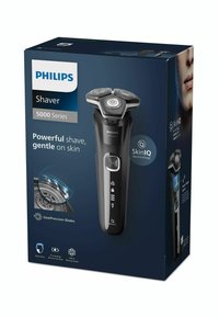 Rasoio Philips Serie 5000 con corpo nero, tre teste circolari e accenti blu. Caratterizzato da lame SteelPrecision e tecnologia SkinIQ.