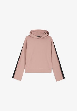 Hoodie rose court avec une poche avant, des manches longues et des panneaux latéraux noirs. Confectionné en tissu doux avec une finition texturée.