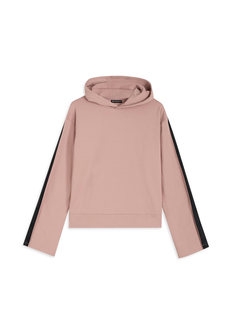 Sudadera corta rosa con bolsillo frontal, mangas largas y paneles laterales negros. Fabricada con tela suave con acabado texturizado.