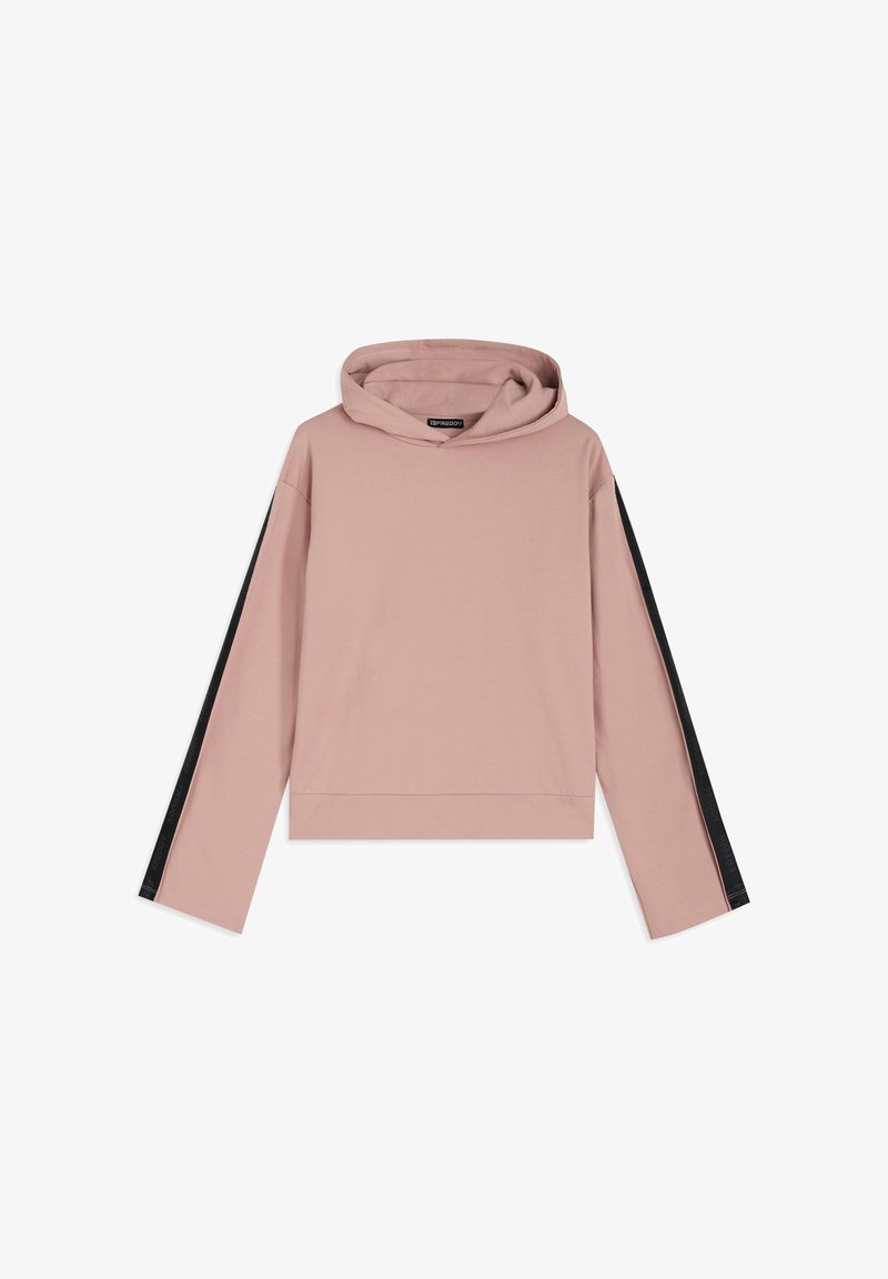 Sudadera corta rosa con bolsillo frontal, mangas largas y paneles laterales negros. Fabricada con tela suave con acabado texturizado.