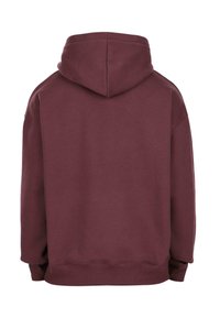 Felpa con cappuccio bordeaux vista da dietro, con maniche lunghe e polsini e orlo a coste.