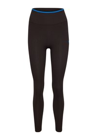 Zwarte geribbelde leggings met een hoge tailleband en een blauwe accent. Strakke, aansluitende pasvorm perfect voor sportkleding.