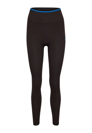 Svarta ribbade leggings med hög midja och blå detaljer. Slät, figurnära design som är idealisk för aktiv träning.