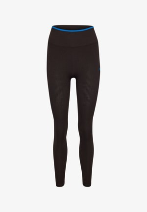 Zwarte geribbelde leggings met een hoge tailleband en een blauwe accent. Strakke, aansluitende pasvorm perfect voor sportkleding.