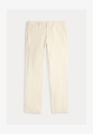 Bežīgas kokvilnas bikses ar taisnu kāju dizainu, aprīkotas ar divām priekšējām kabatām un gludu priekšpusi, bez rakstiem.