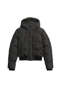 Zwarte cropped pufferjack met capuchon, voorzien van ritszakken aan de zijkanten, een gladde textuur en gestikte paneeldetails.