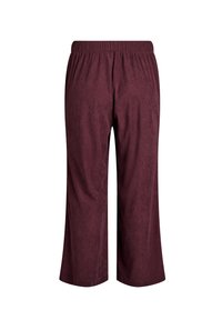 Maroon relaxed-fit pants with an elastic waistband. Made from soft fabric, featuring a straight leg design and no visible pockets.