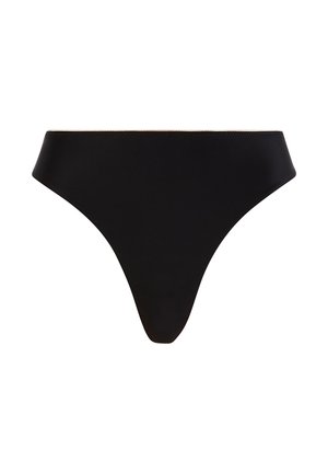 Bas de bikini noir en tissu lisse, avec une coupe taille basse et une couverture arrière minimale. Design simple sans motifs ni accents visibles.