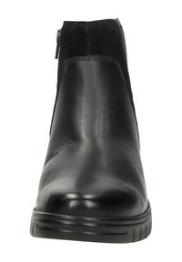 Zwarte leren enkelboots hebben een soepele afwerking, een ronde neus, een zijrits en een gestructureerde stofaccent op de bovenkant.