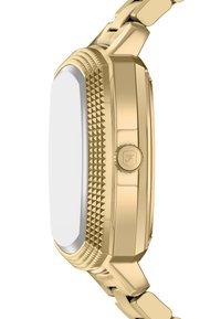 Montre en ton or avec un cadran blanc rectangulaire, lunette texturée et maillons de bracelet lisses. Dispose d'un bouton latéral rond avec détail du logo.