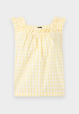 Κίτρινο και λευκό καρό αμάνικο φόρεμα με βολάν στους ιμάντες και σούρα στο ντεκολτέ για παιδί.
