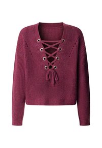 Suéter de punto granate con cuello en V, con detalle de cordones en el frente con ojales y acabado texturizado. Mangas largas, diseño cropped.