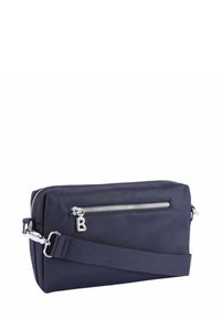 Borsa a tracolla blu navy in tessuto liscio con una cerniera argentata, dotata di una tasca frontale e una tracolla staccabile, con un motivo in rilievo a forma di lettera "B".