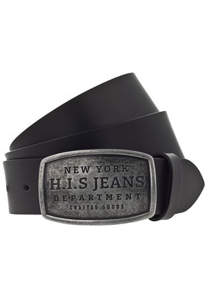 Black leather belt with a silver rectangular buckle, featuring carved text that reads "NEW YORK H.I.S JEANS DEPARTMENT CRAFTED GOODS."