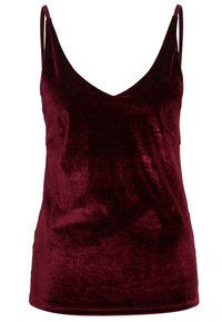 Camisola in velluto bordeaux con scollo a V, spalline sottili e texture a coste. Superficie liscia con una delicata lucentezza e design aderente.