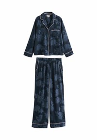 Navy floral pajama set in soft fabric, featuring long sleeves, a button-up shirt with a pocket, and elastic waist pants with contrasting piping.