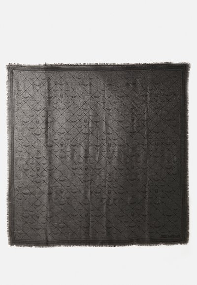 Black scarf with a woven pattern, featuring a subtle sheen. Finely fringed edges and branded detail at the bottom corner. Textured finish.