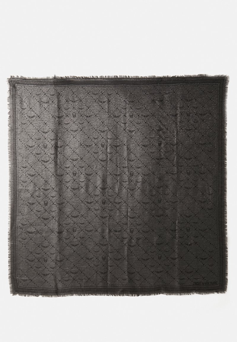 Black scarf with a woven pattern, featuring a subtle sheen. Finely fringed edges and branded detail at the bottom corner. Textured finish.