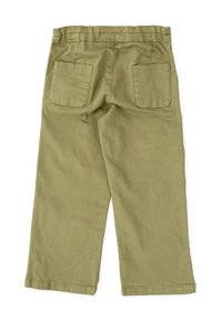 Pantalones verde caqui con un diseño de pierna recta, dos bolsillos traseros y una cinturilla elástica. Hechos de una resistente tela de algodón.