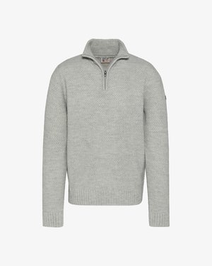 Grauer gestrickter Pullover mit einem Reißverschluss am Kragen, gerippten Bündchen und Saum, strukturiertem Stoff und einem kleinen Logo auf dem linken Ärmel.