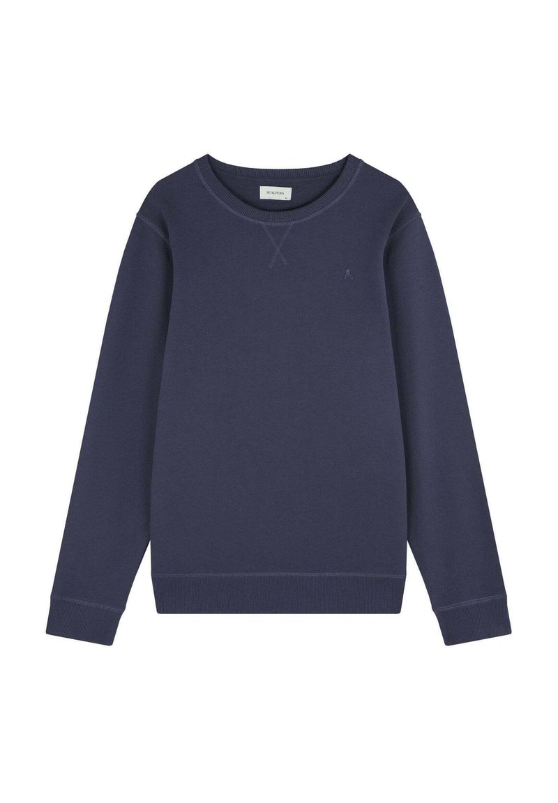 Marineblå sweatshirt lavet af blødt stof, med rund halsudskæring, lange ærmer, ribstrikkede manchetter og et diskret logo på brystet.