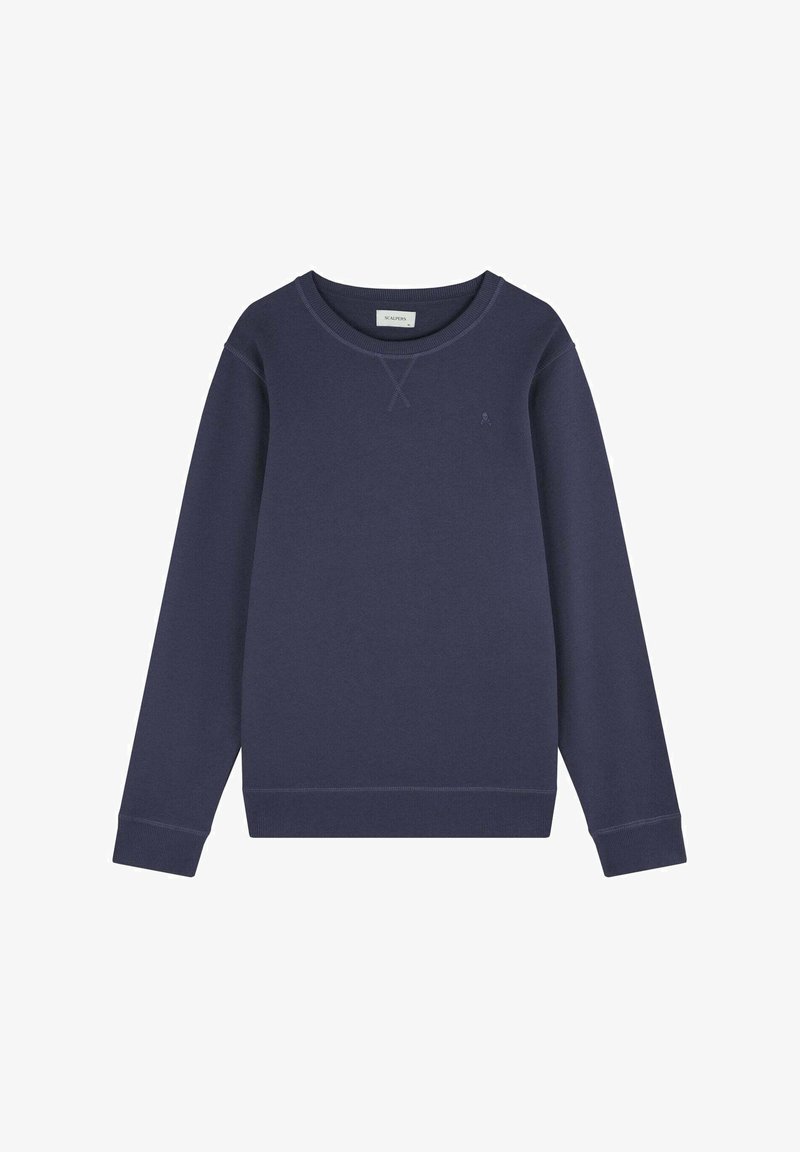 Navy blauwe sweatshirt van zachte stof, met een ronde halslijn, lange mouwen, geribbelde boorden en een subtiel logo op de borst.