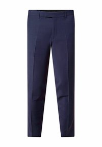 Marineblaue, maßgeschneiderte Hose mit glatter Textur, flachem Vorderteil, zwei Fronttaschen und klassischem Design.