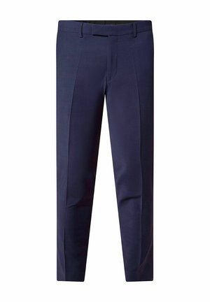 Marineblauwe op maat gemaakte broek met een gladde textuur, met een platte voorkant, twee zakken aan de voorkant en een klassiek ontwerp.