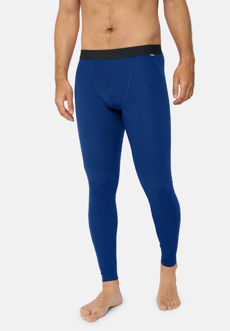 Leggings termici blu con un design aderente, texture a coste e cintura elastica nera. Presentano una finitura liscia e nessun motivo visibile.