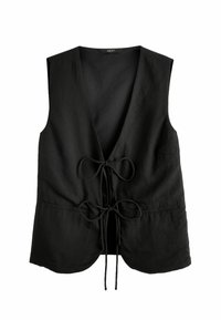 Gilet nero senza maniche realizzato in tessuto intrecciato, caratterizzato da un profondo scollo a V, chiusura frontale con legature e due tasche laterali.