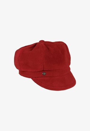 Red fleece hat with a rounded crown, front brim, and side button accent. Features a soft texture and slightly gathered top design.