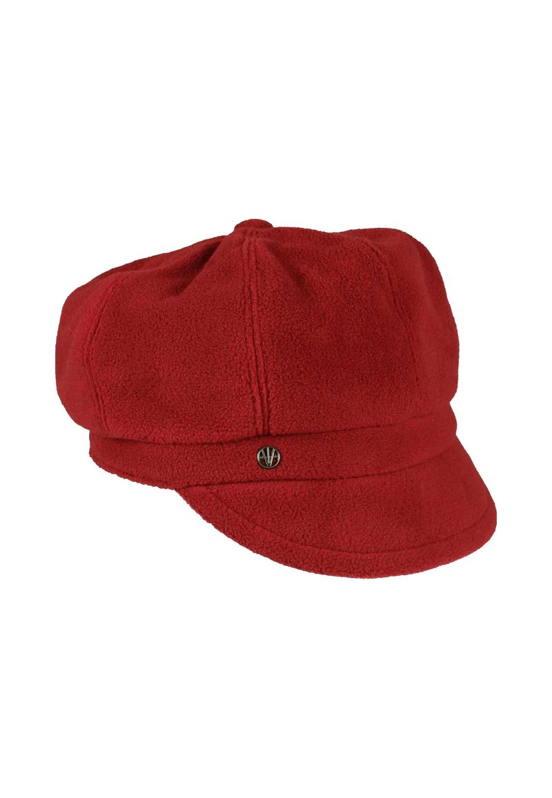 Piros gyapjú sapka lekerekített tetejű, elülső árral és oldalsó gombdíszítéssel. Puha tapintású, enyhén gyűrött tetejű kialakítással rendelkezik.