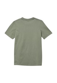 Olivegrünes Baumwoll-T-Shirt mit kurzen Ärmeln, ausgestattet mit einem Rundhalsausschnitt und sauberen, genähten Säumen, mit einer glatten Textur und einem lockeren Schnitt.