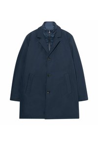 Cappotto blu navy realizzato in tessuto leggero, con colletto a bavero, cinque bottoni e tasche laterali. La fodera interna è trapuntata.