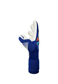 Blue and white goalkeeper glove with padded fingers, wrist strap, and orange and blue design on the backhand, shown from the side.
