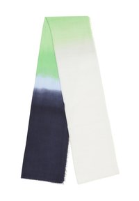 Kleurige sjaal met een graduele overgang van groen naar wit, met een donker marineblauw uiteinde. Zachte stof met subtiele franjes aan de randen.