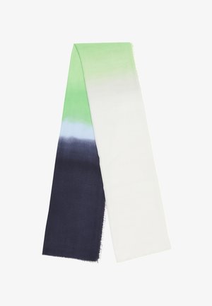 Kolorowy szalik z gradientowym przejściem od zielonego do białego, z ciemnoniebieskim końcem. Miękka tkanina z delikatnymi frędzlami.