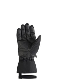 Gants noirs avec paume en cuir, dos en tissu texturé, design à cinq doigts, poignet élastiqué et strap ajustable pour un ajustement sécurisé.