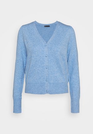 Lichtblauwe gebreide cardigan met lange mouwen, vijf knopen overtrokken met stof, geribbelde manchetten en zoom, met een V-hals design.
